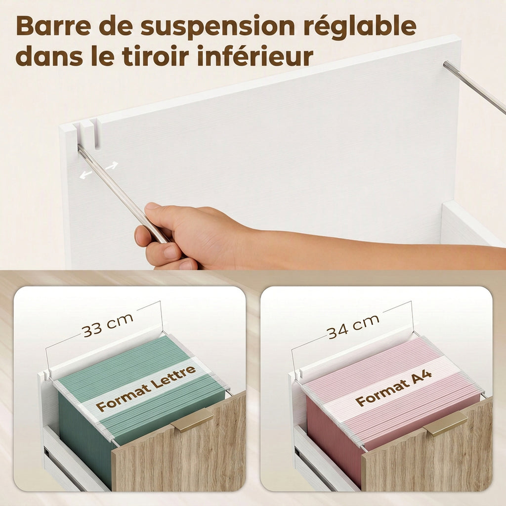 Support d'Imprimante sur Roulettes, 3 Tiroirs, 2 Étagères Ouvertes, Design Ondulé, 80x40x68cm, Blanc Chêne-3