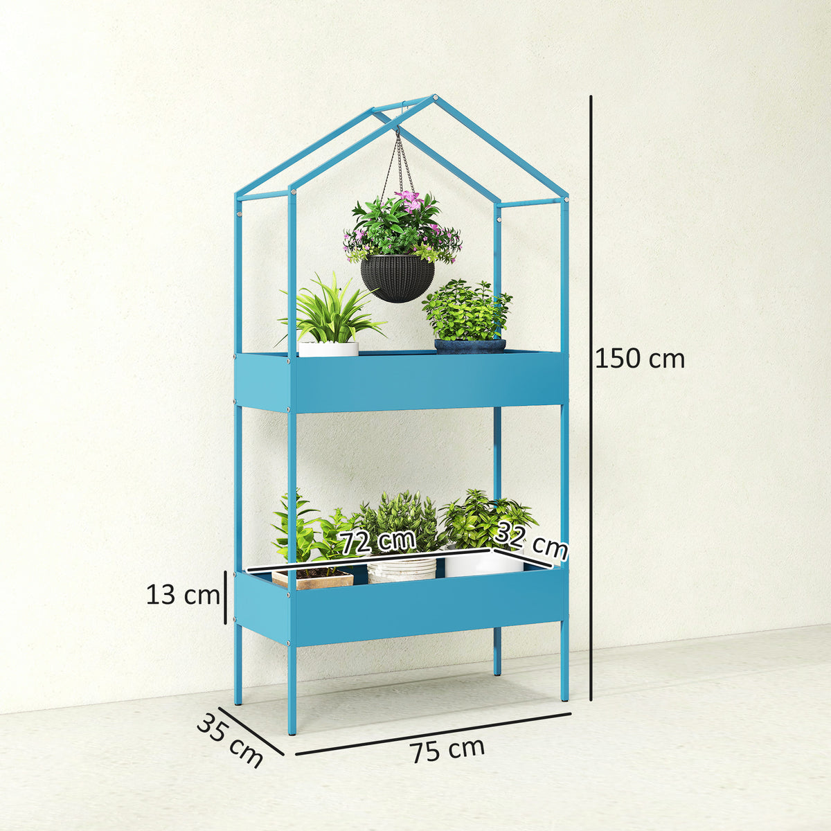 Étagère à Plantes 2 Niveaux, Support de Plantes en Métal avec Crochet, Porte-Pots en Forme de Maison, Bleu-Vert-2