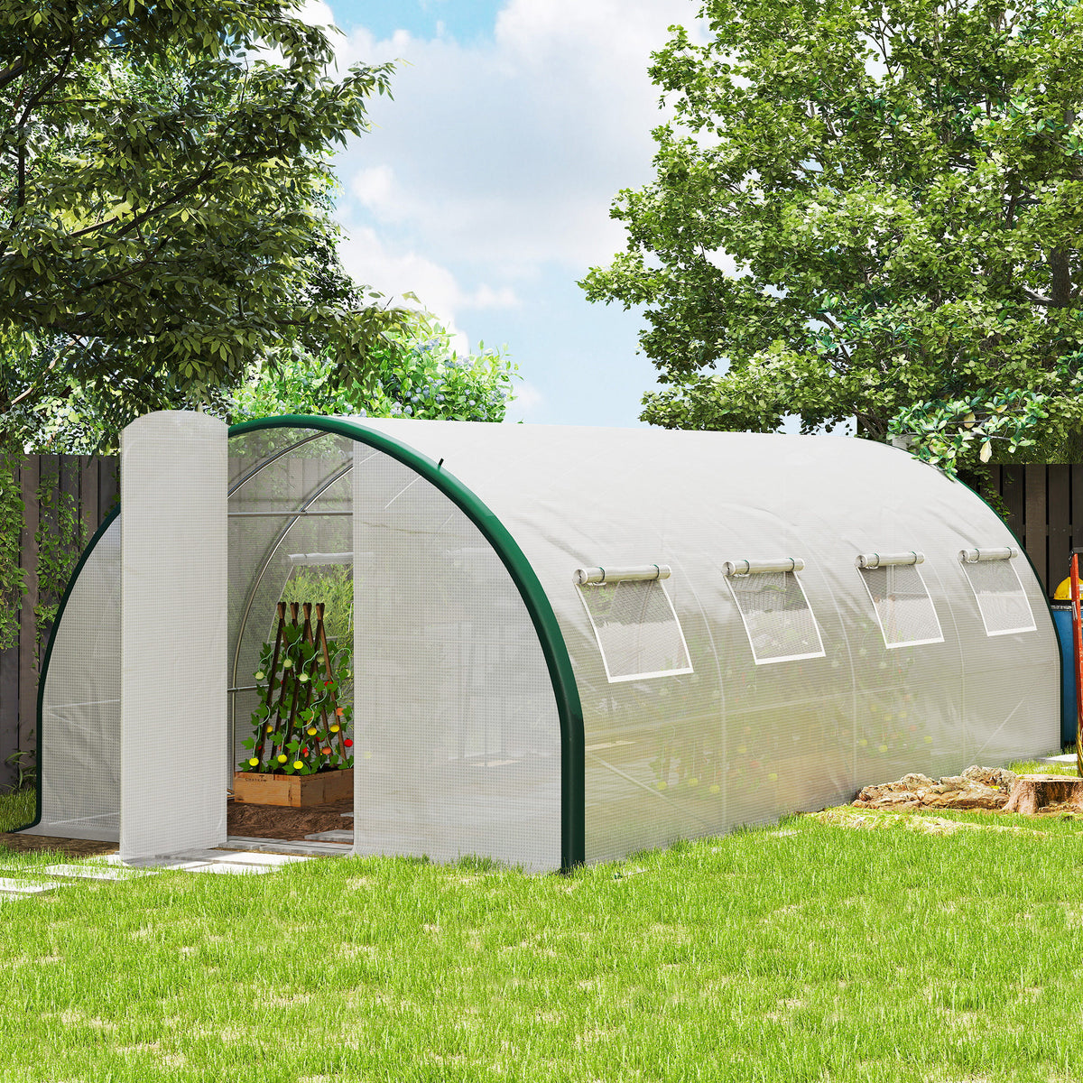 Serre tunnel de jardin 18m², serre de jardin tunnel avec portes et 8 fenêtres, bâche PE 140g/m² 600 x 300 x 200 cm blanc-1