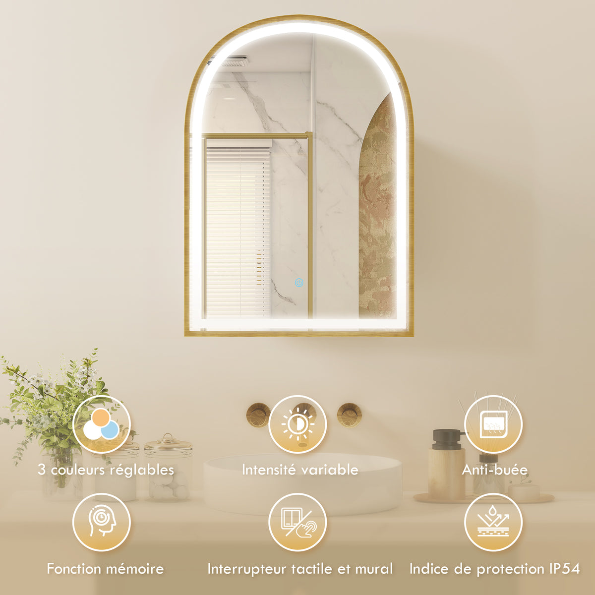 Armoire murale salle de bain avec miroir et éclairage LED, porte arquée, anti-buée, 50x14,5x70cm, doré-3