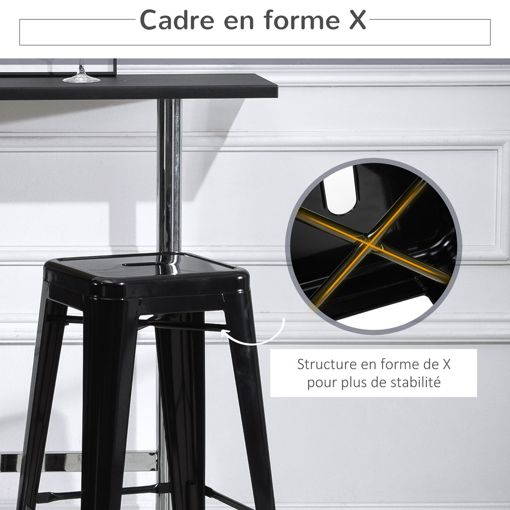 Lot de 4 tabourets de Bar Empilable Chaise de Bar Industriel avec Repose-Pied Hauteur d'Assise 76 cm, cadre en métal, style rétro, pour salle à manger, balcon, bistrot ou bar, Noir-4