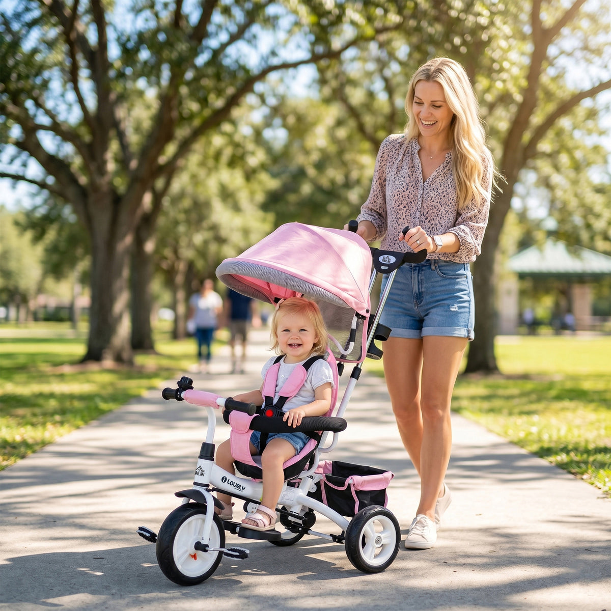 Tricycle Enfant évolutif Pare-Soleil Pliable Canne télescopique Amovible 95 x 50 x 106 cm Acier Rose-1
