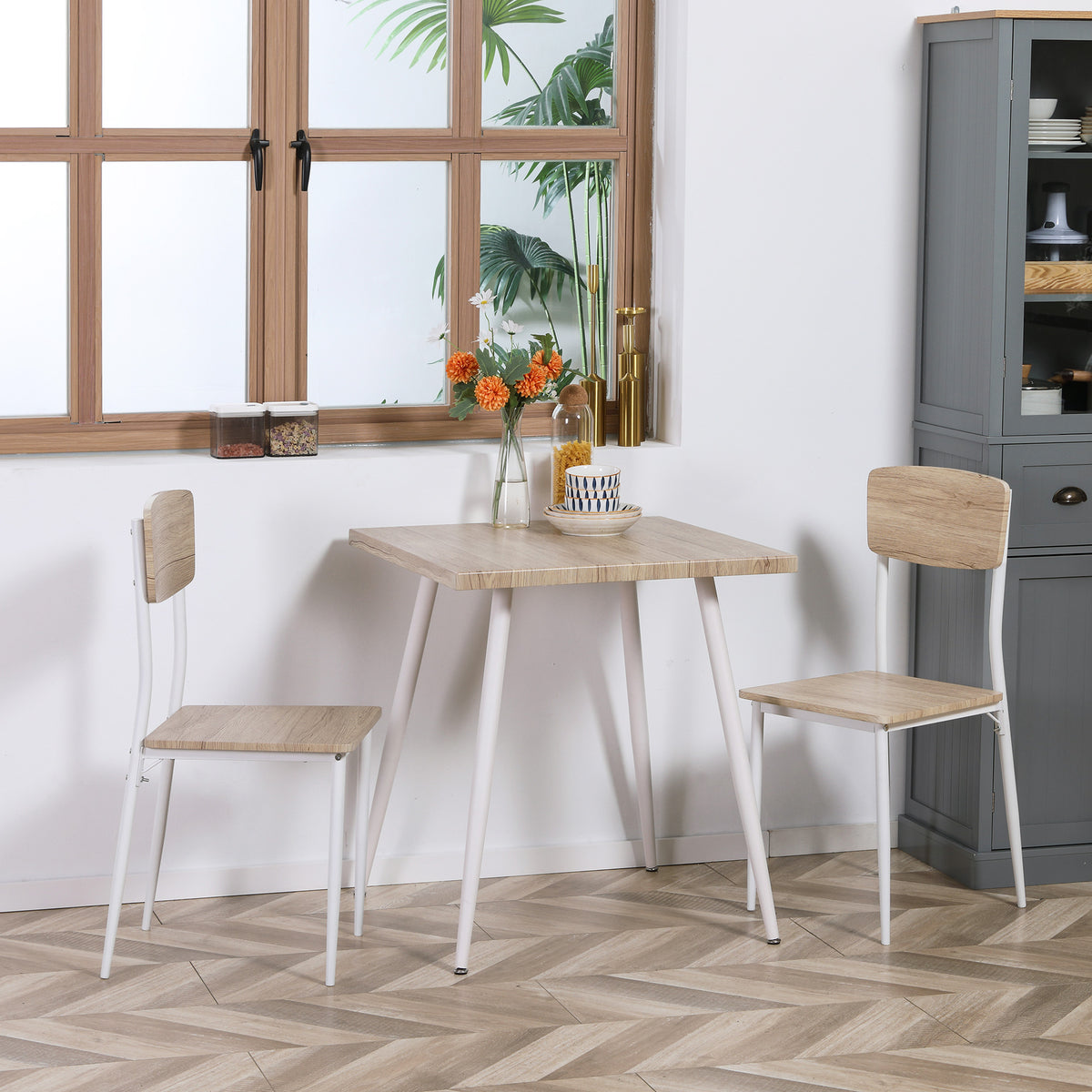Ensemble table à manger carrée 3 pièces avec 2 chaises cuisine salle à manger plateau MDF châssis métal blanc-1