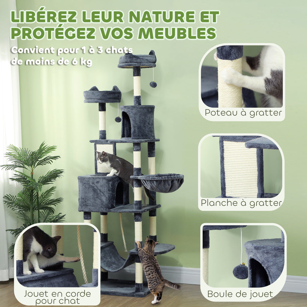 Arbre à chat 206 cm tour de jeux pour chat en peluche plusieurs niveaux idéal pour 1-3 chats 60 x 50 x 206 cm gris foncé-5