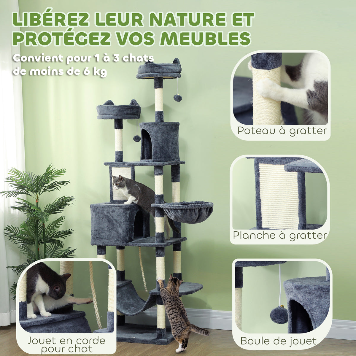 Arbre à chat 206 cm tour de jeux pour chat en peluche plusieurs niveaux idéal pour 1-3 chats 60 x 50 x 206 cm gris foncé-5