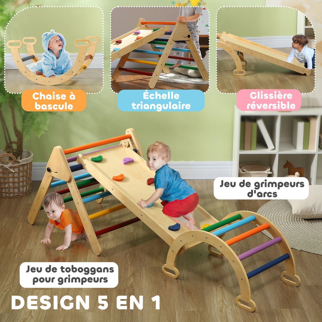 5 en 1 Triangle arche d'escalade enfants avec rampe d'escalade réversible toboggan bascule multicolore-3