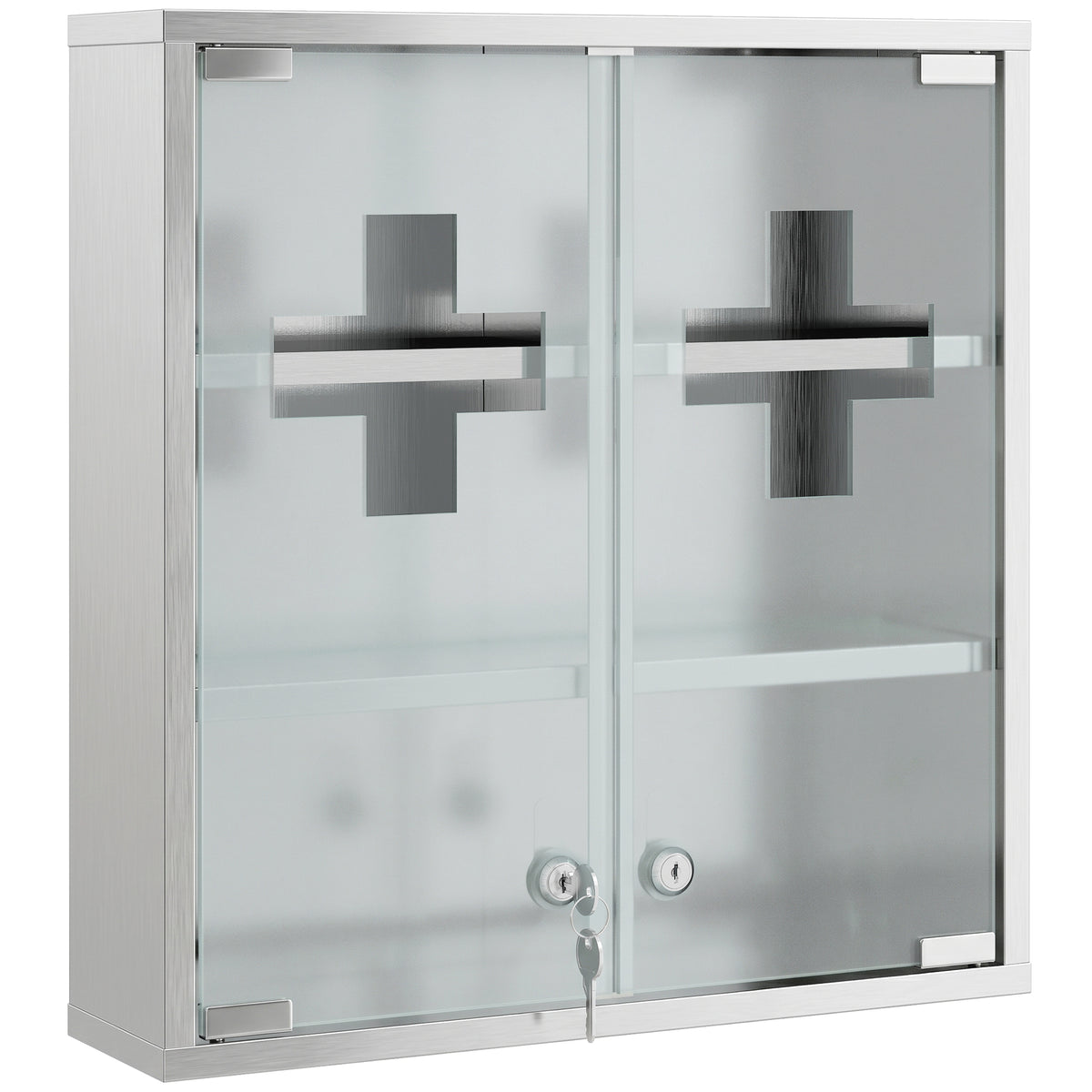 Armoire à pharmacie murale avec portes en verre verrouillables 2 clés, étagères de rangement, 46 x 12 x 48 cm, argenté-0