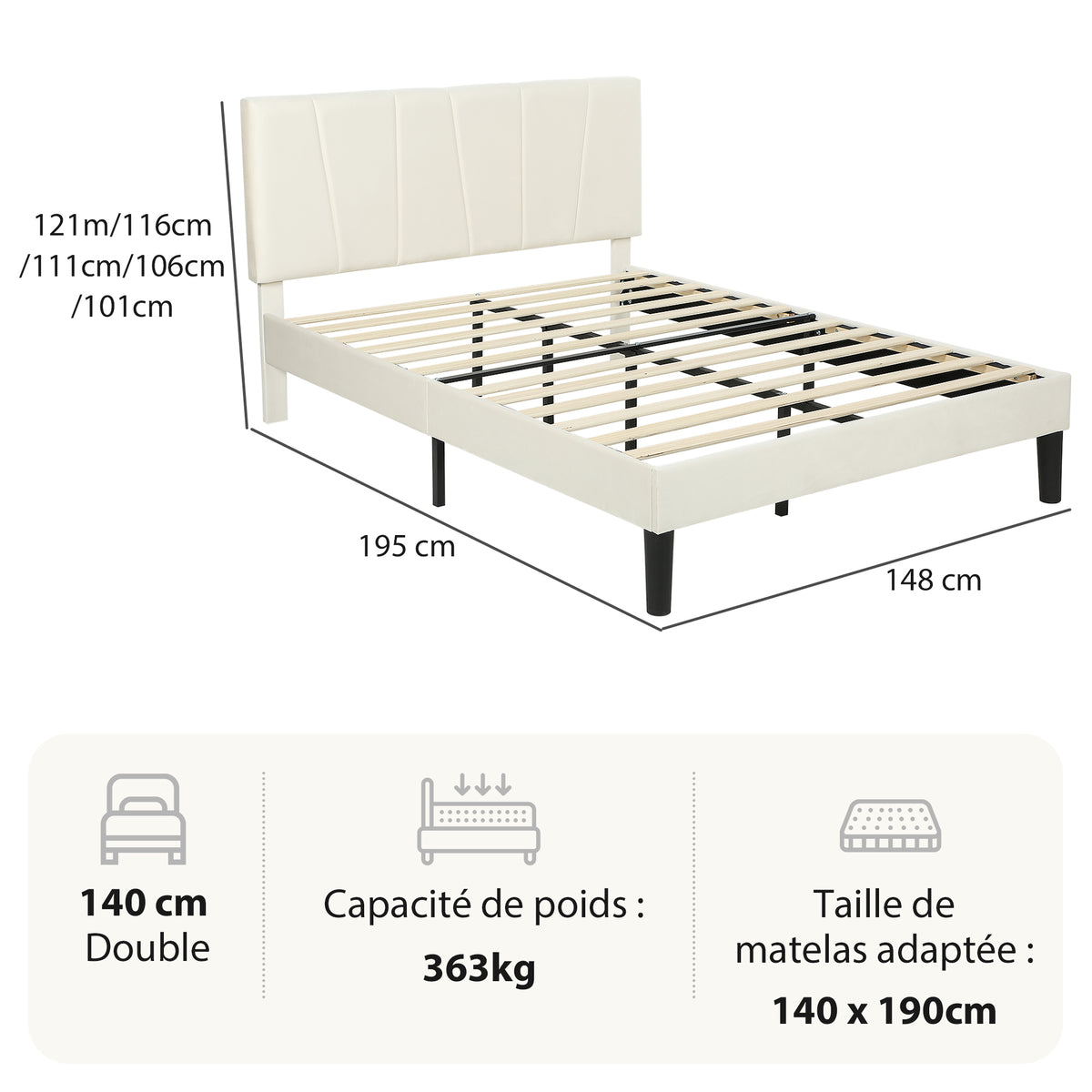 Cadre de lit double 140 x 190 cm lit 2 personnes tête de lit réglable sommier 150 x 198 x 101/106/111/116/121 cm crème-2