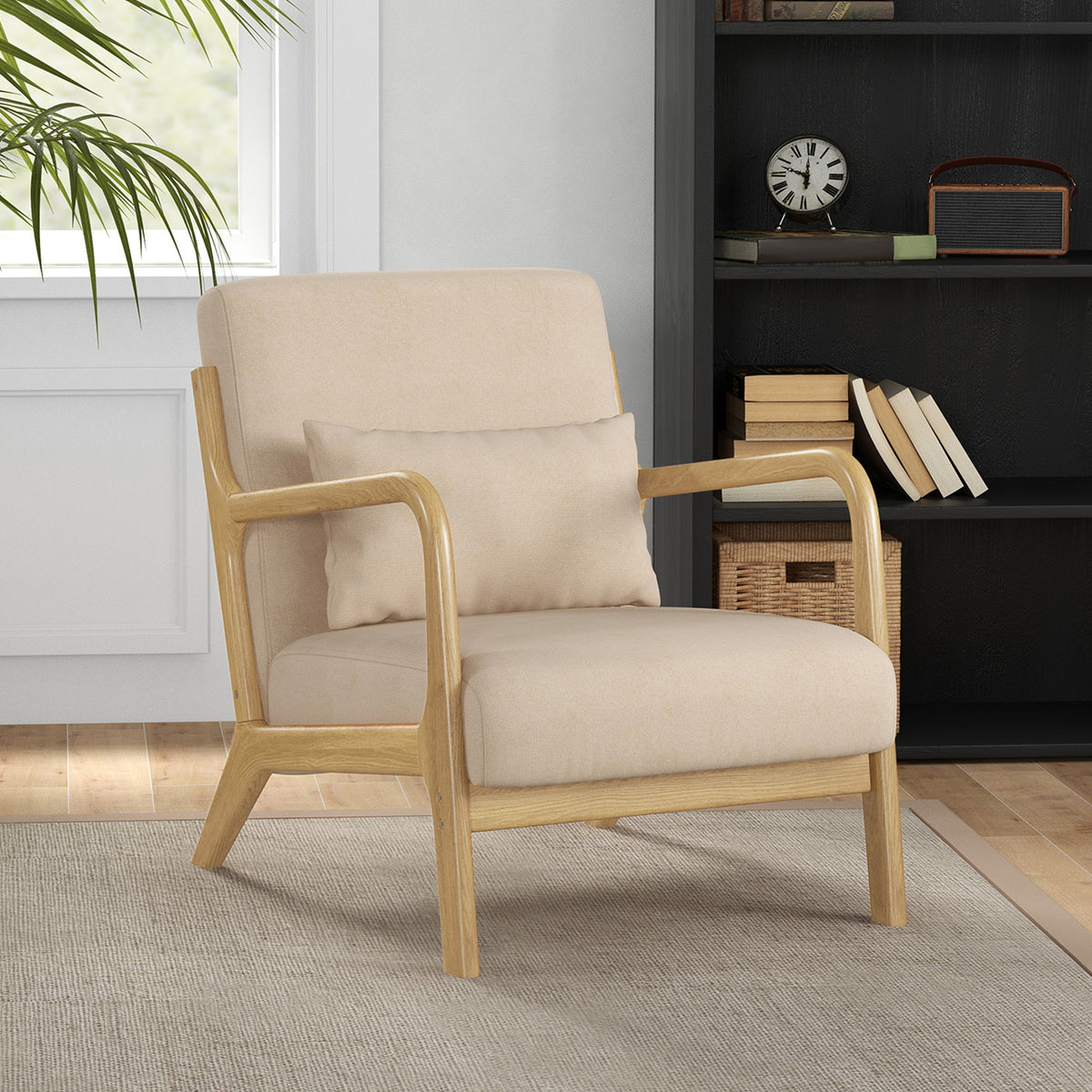 Fauteuil lounge - 3 coussins inclus - assise profonde - accoudoirs - structure bois hévéa - aspect velours beige-1