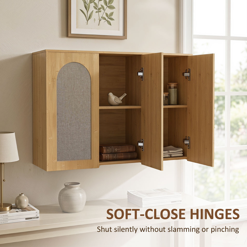 Armoire murale de salle de bain bohème avec 3 portes effet rotin à fermeture douce et étagère réglable, chêne-7