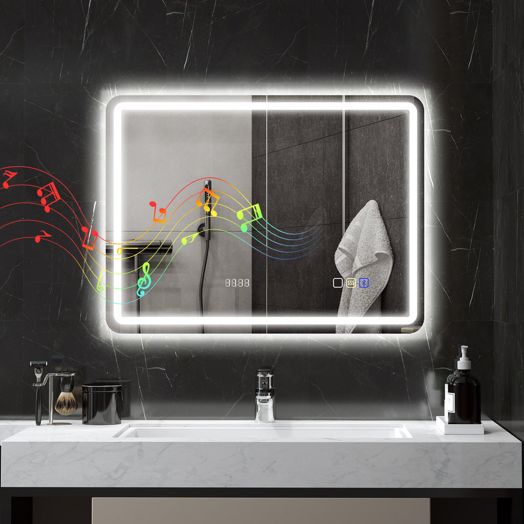 Miroir salle de bain Bluetooth avec éclairage LED 60 x 80 cm, miroir lumineux mural avec horloge, antibuée, argenté-1