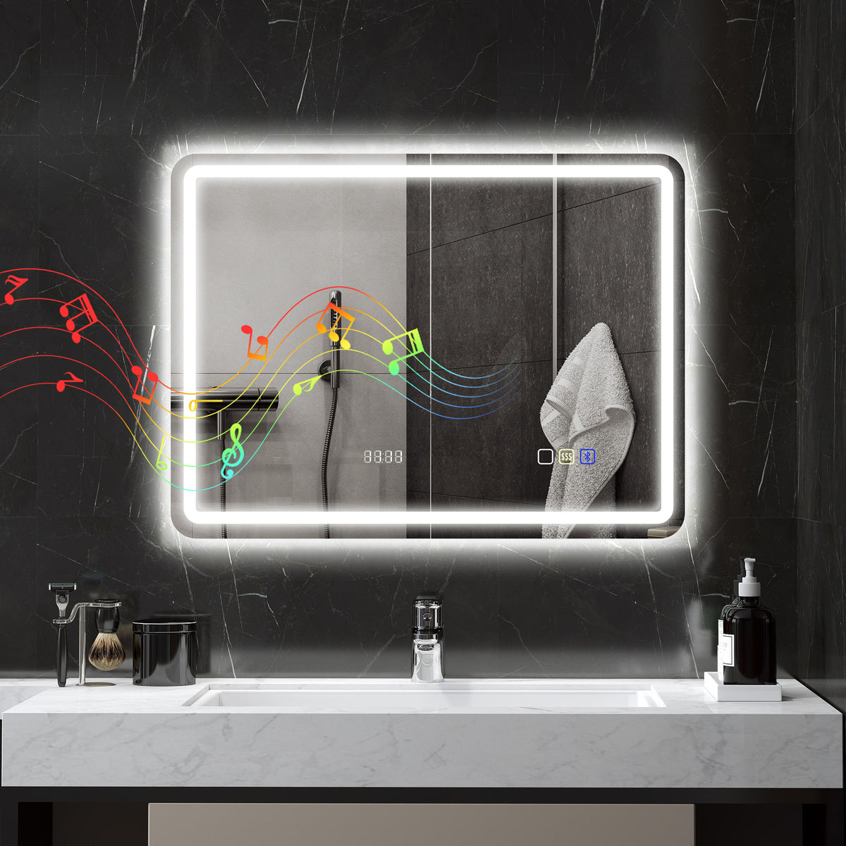 Miroir salle de bain Bluetooth avec éclairage LED 60 x 80 cm, miroir lumineux mural avec horloge, antibuée, argenté-1