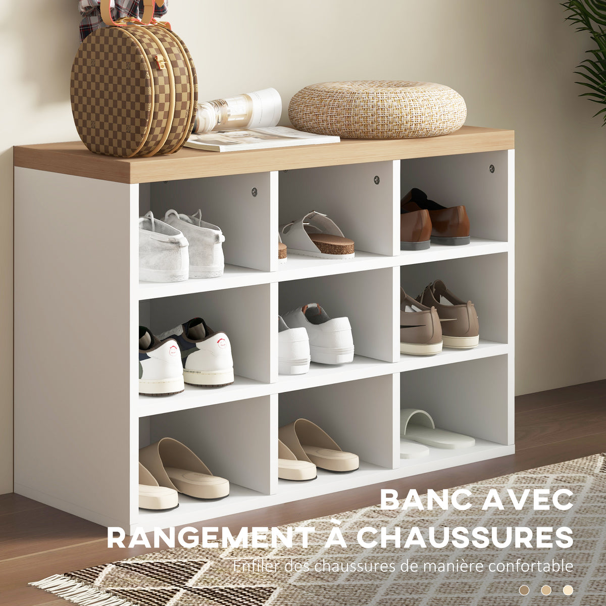 Ensemble meuble d'entrée 2-en-1 porte-manteau mural banc à chaussures 3 crochets et 9 niches 75x30x50cm blanc et chêne-4