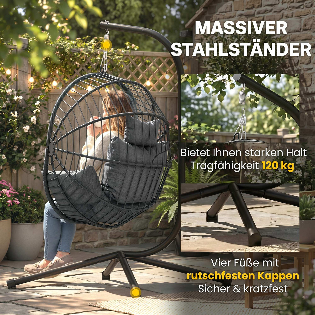 Fauteuil œuf suspendu, chaise hamac balançoire intérieur et extérieur, panier pliable, coussin rembourré, gris-3