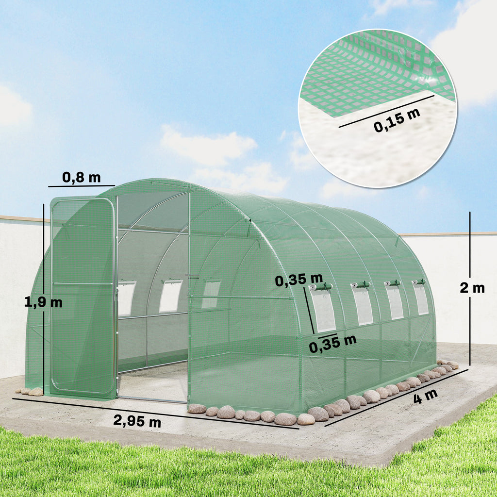 Serre tunnel de jardin 12m², serre de jardin tunnel 295x400x200cm porte et 8 fenêtres, bâche PE 140 g/m² vert-2