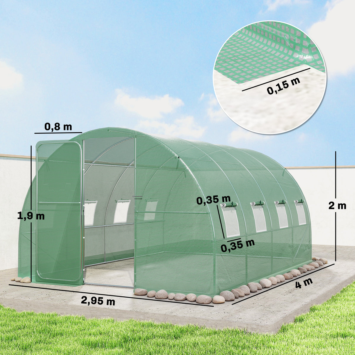 Serre tunnel de jardin 12m², serre de jardin tunnel 295x400x200cm porte et 8 fenêtres, bâche PE 140 g/m² vert-2
