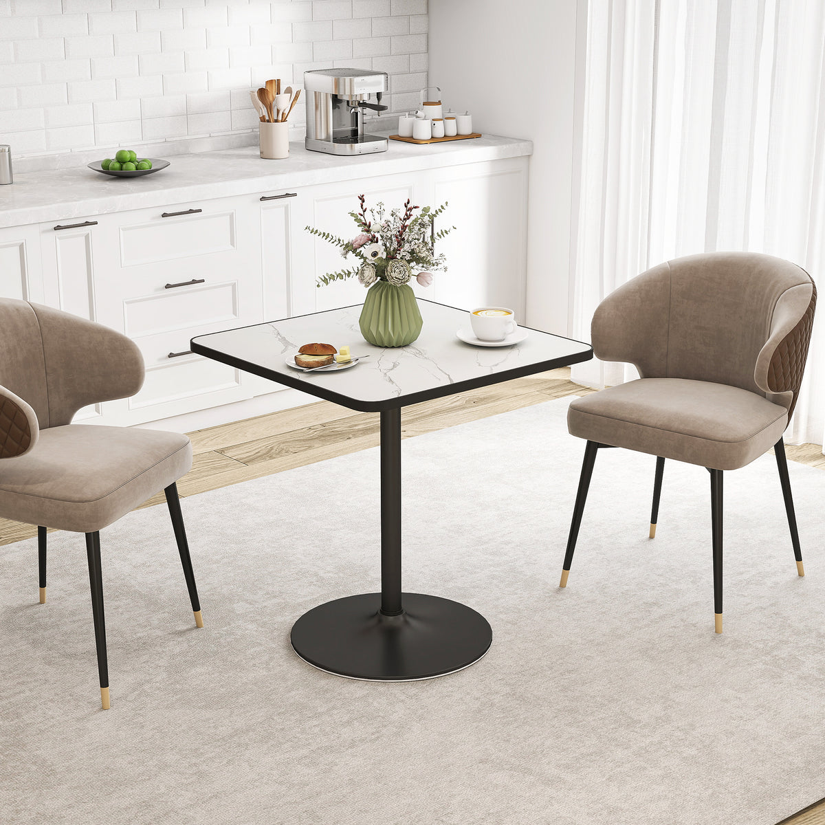 Table à manger pour 4 personnes table de cuisine style moderne avec plateau effet marbre et base ronde, 70 x 70 cm, blanc-1