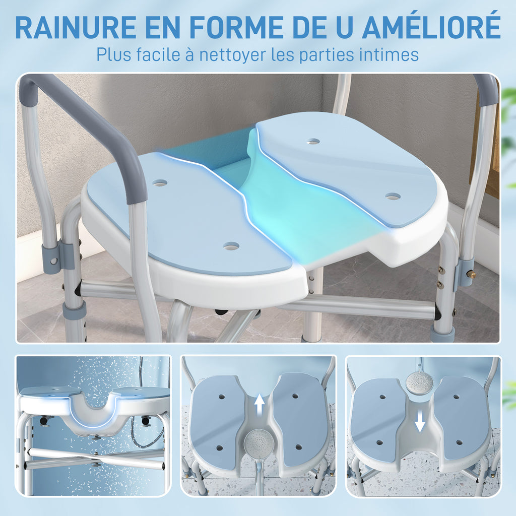 Chaise de douche avec accoudoirs siège de douche en forme U hauteur réglable anti-dérapant 53 x 36 x 64-75 cm bleu clair-3