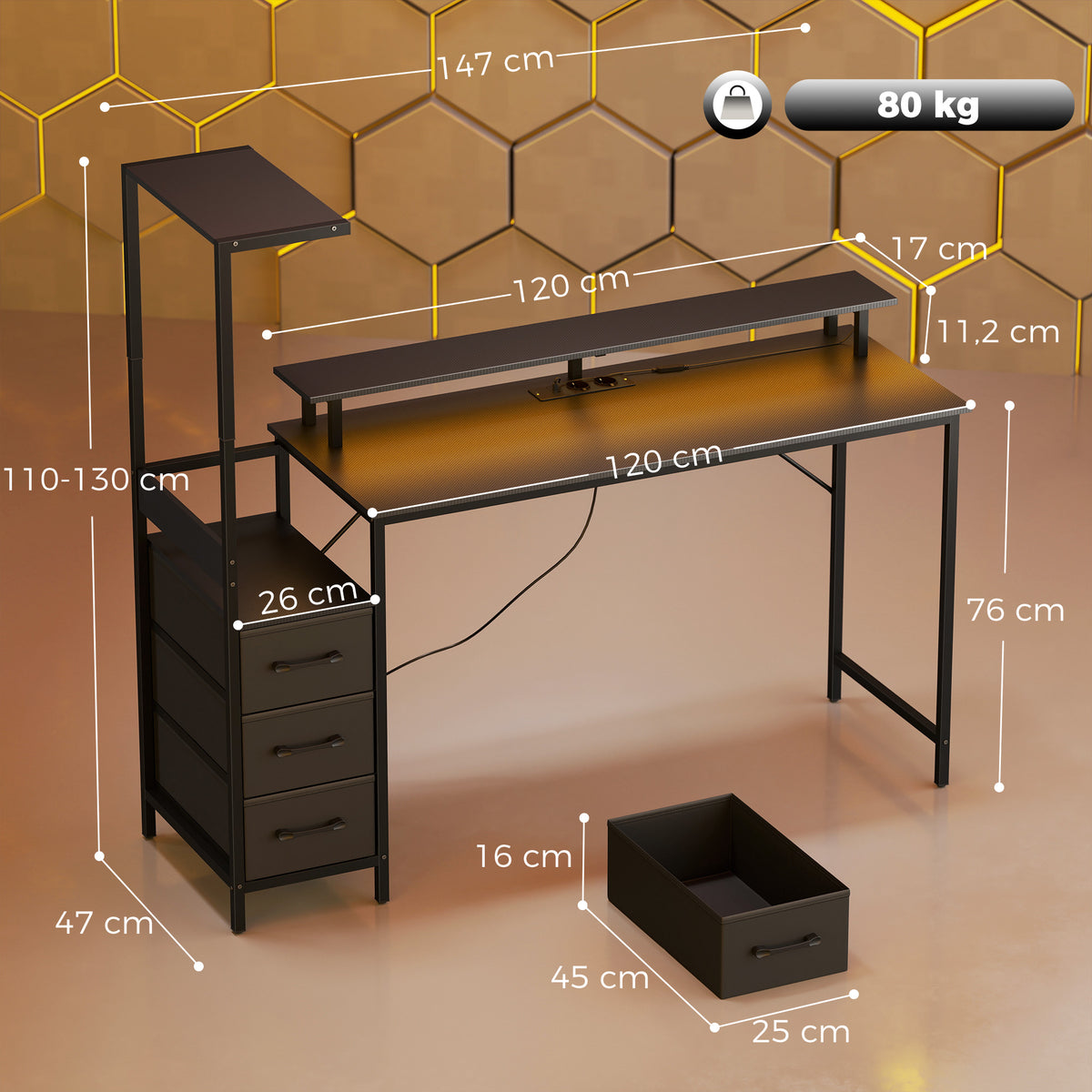 Bureau Gaming 147 x 47 cm, Éclairage RGB, Prises et Ports USB, Support pour Unité Centrale Réglable et Réversible, Noir-2