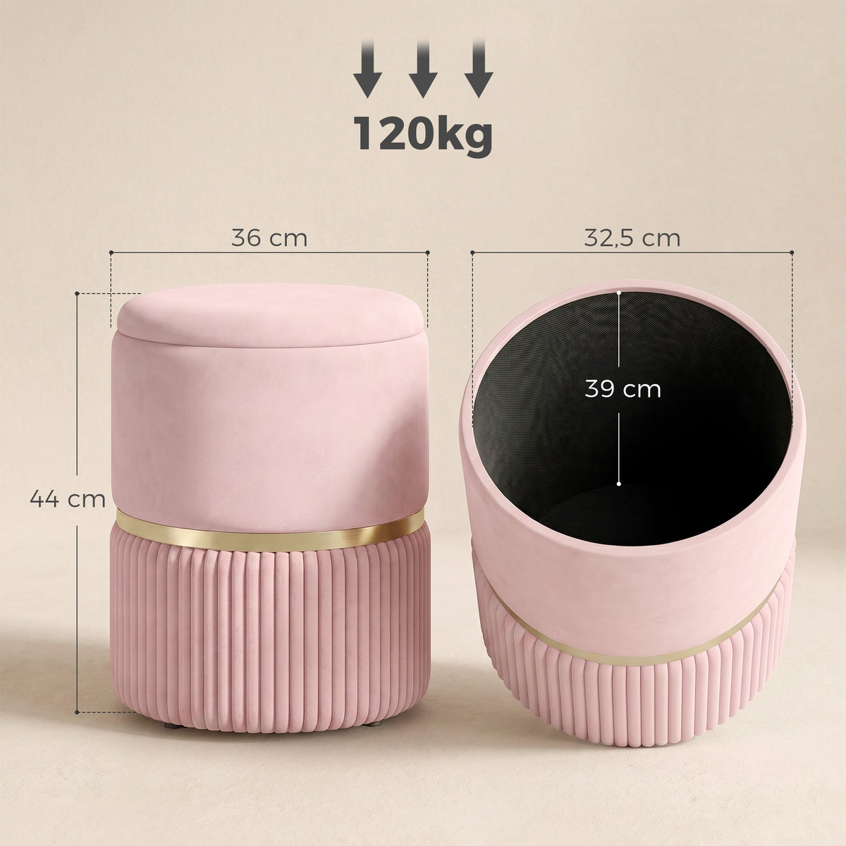 Pouf tabouret repose-pied coffre de rangement en velours côtelé 36 x 36 x 44 cm pour salon chambre rose-2