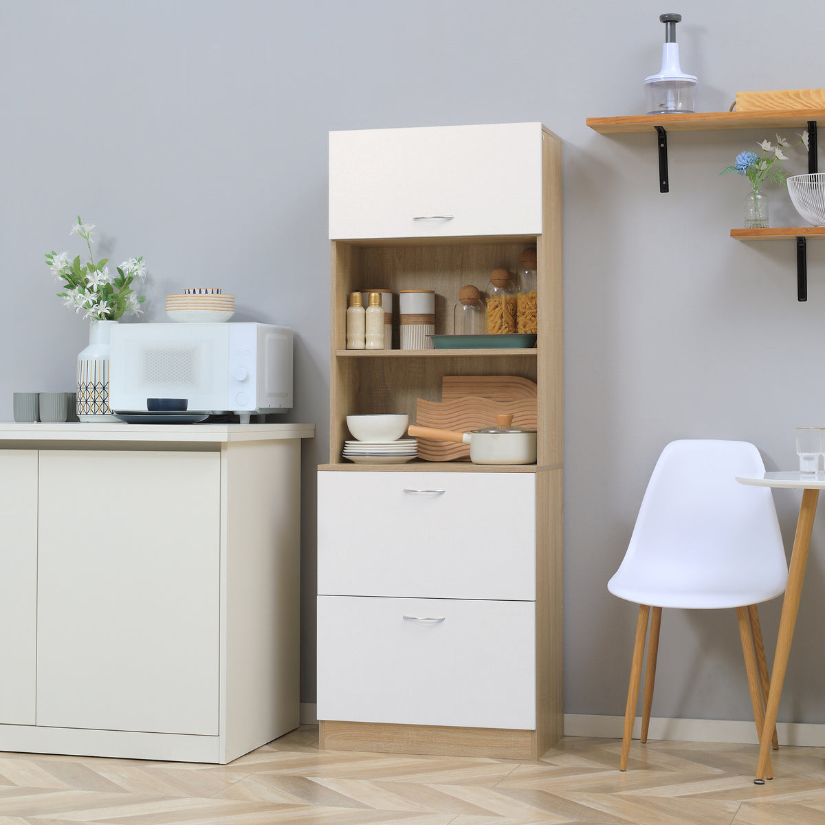 Buffet de cuisine armoire de cuisine multi-rangements 2 tiroirs 1 placard + grand plateau 60 x 38 x 168 cm MDF blanc-1
