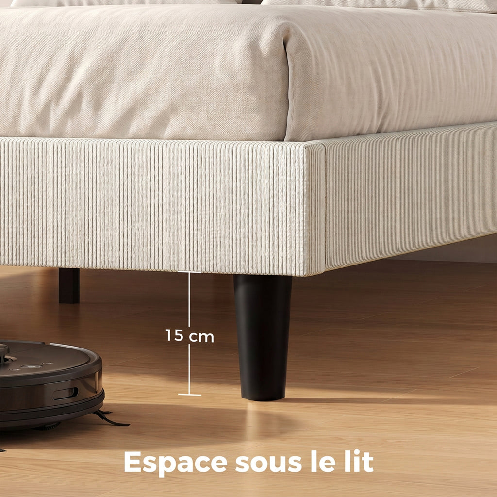 Cadre de Lit 140 x 190 cm avec Sommier, Tête Réglable, Lit Double Rembourré en Velours Côtelé, Sans Bruit, Gris Clair-6