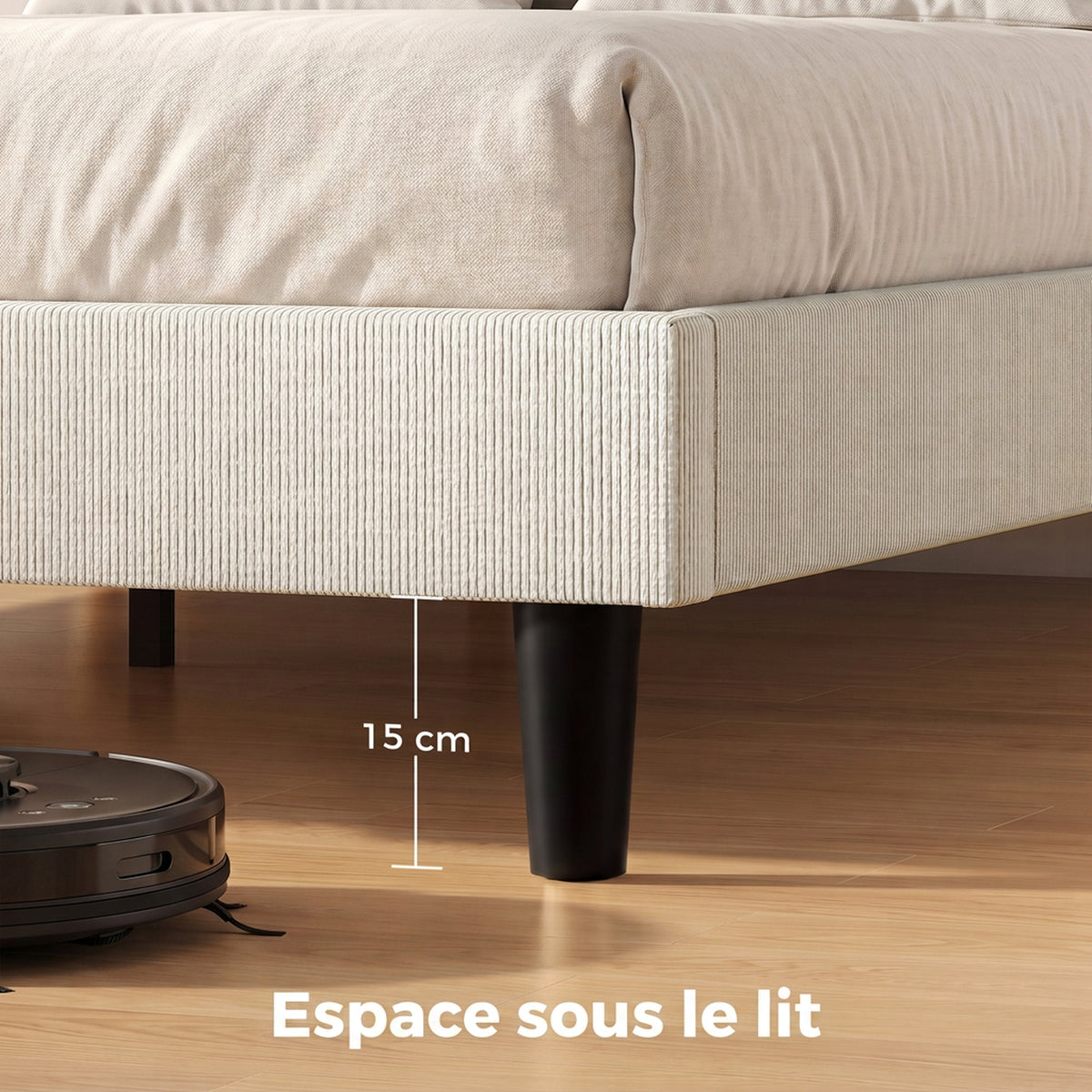 Cadre de Lit 140 x 190 cm avec Sommier, Tête Réglable, Lit Double Rembourré en Velours Côtelé, Sans Bruit, Gris Clair-6