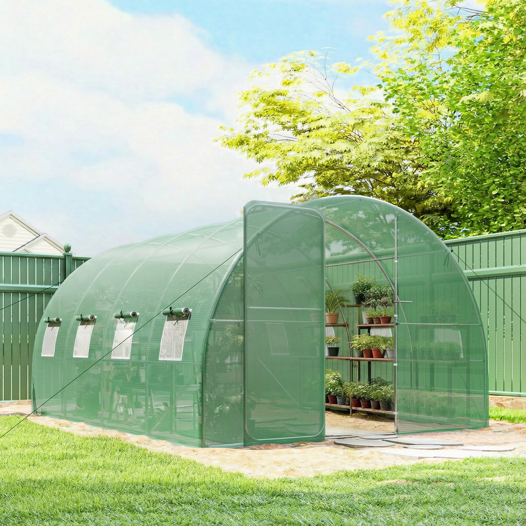Serre tunnel de jardin 12m², serre de jardin tunnel 295x400x200cm porte et 8 fenêtres, bâche PE 140 g/m² vert-9