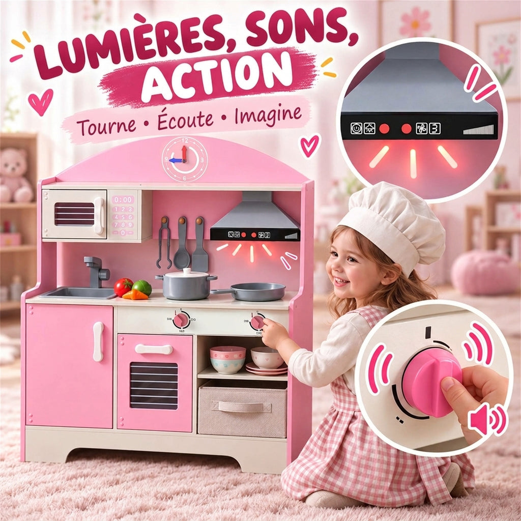Cuisine Enfant avec Lumières et Sons, Cuisine de Jeu avec Tiroir en Tissu et 5 Accessoires, pour Enfants 3-6 Ans, Rose-4