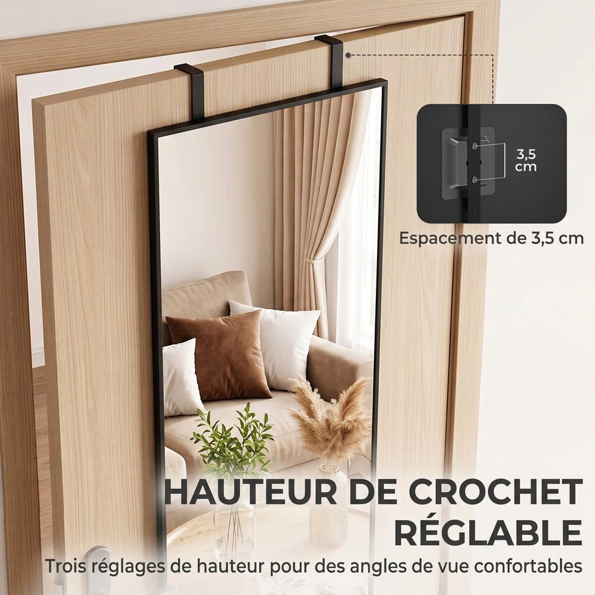 Miroir Mural Rectangulaire 110 x 40 cm, Crochets, Hauteurs Réglables, Verre Trempé, Cadre en Alliage d'Aluminium, Noir-4