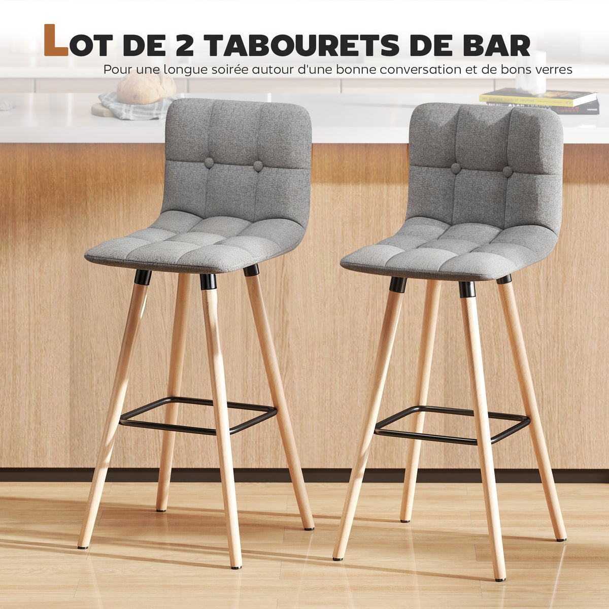 Lot de 2 tabourets de bar, chaises de bar capitonnées avec dossier et repose-pieds, pieds en bois, 41,5x47x97,5cm, gris-3
