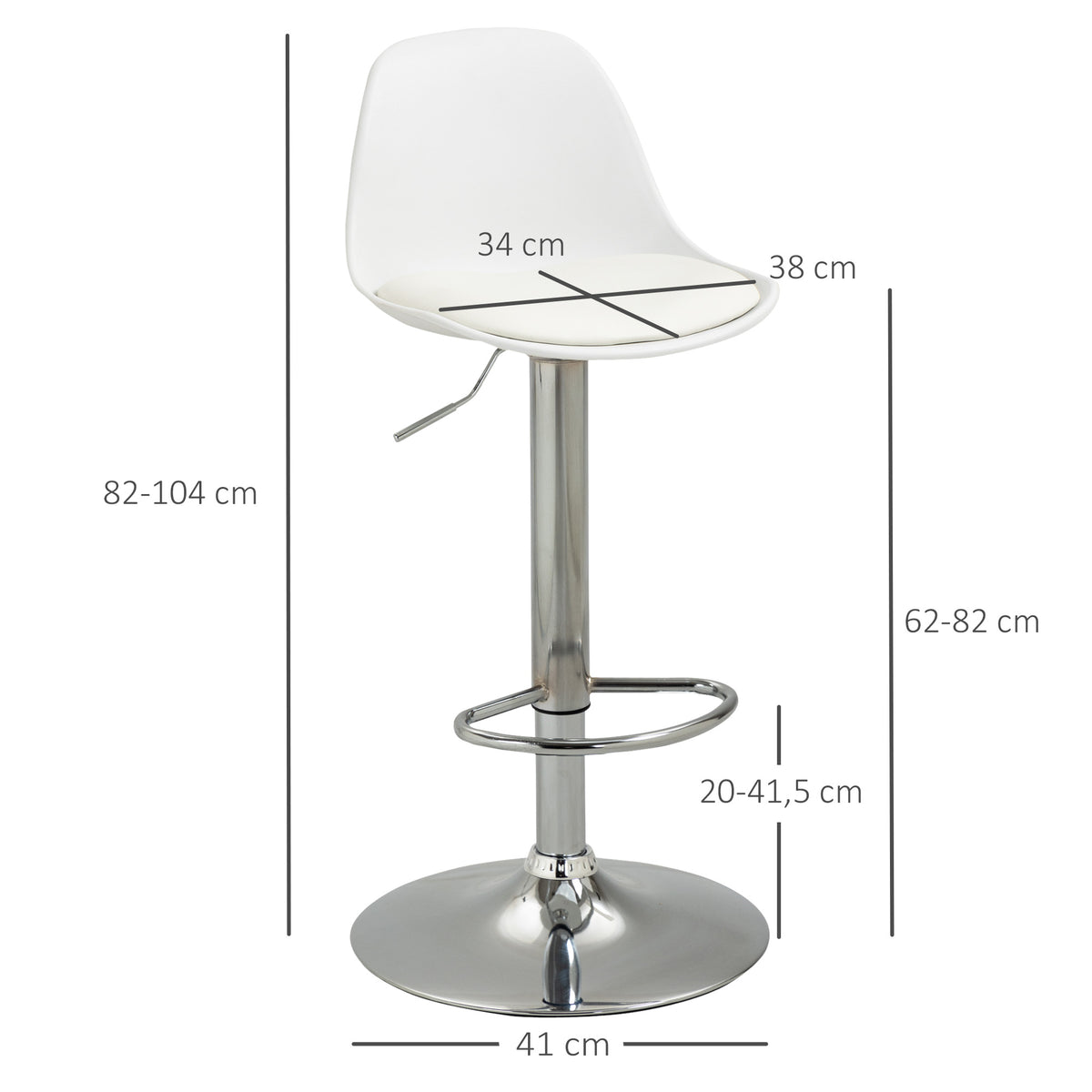 Lot de 2 tabourets de bar chaise haute cuisine avec dossier et repose-pieds, hauteur réglable, 41x42x82-104cm, blanc-2