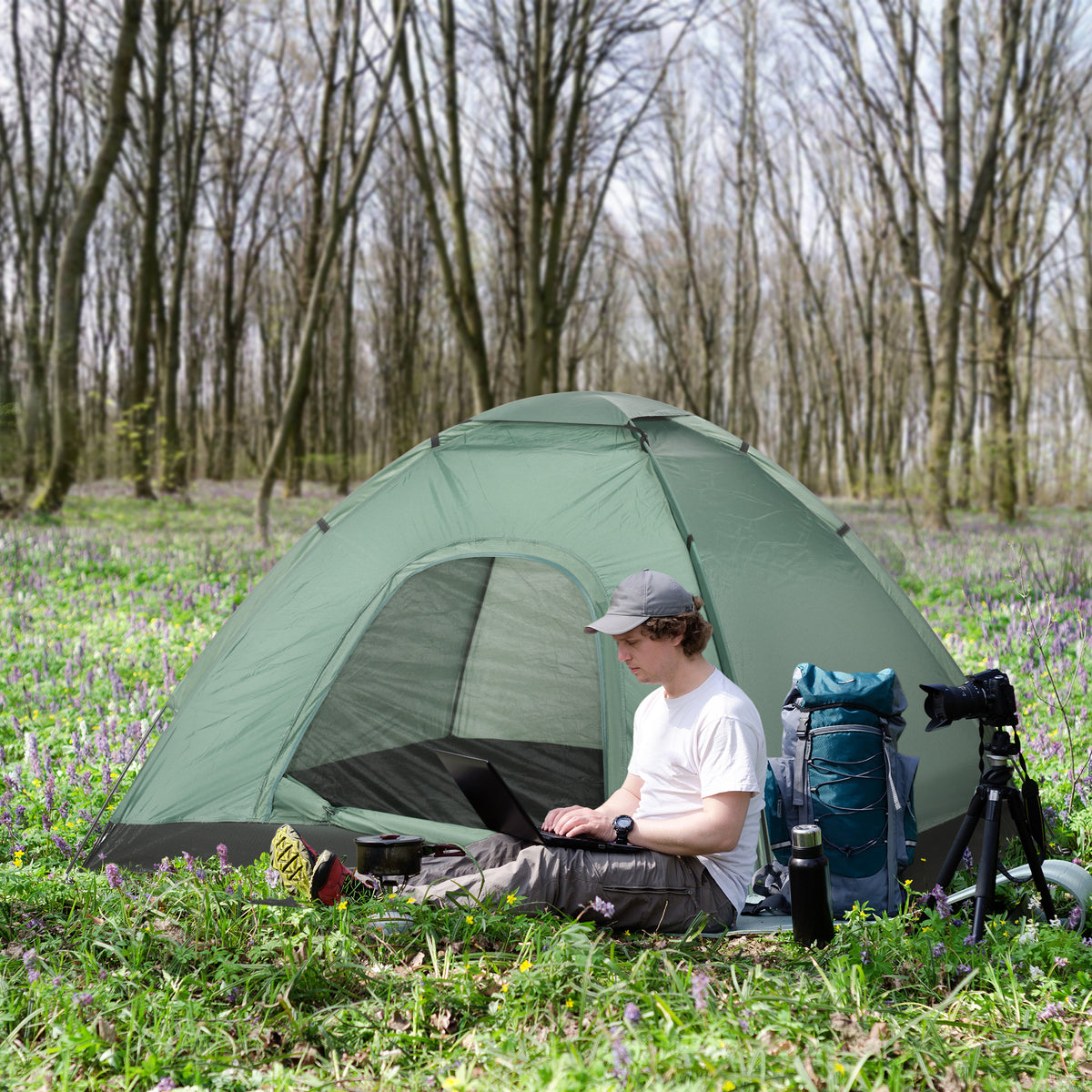 Tente de camping 2 personnes camouflage tente dôme légère ventilée facile à monter avec portes zippées-1