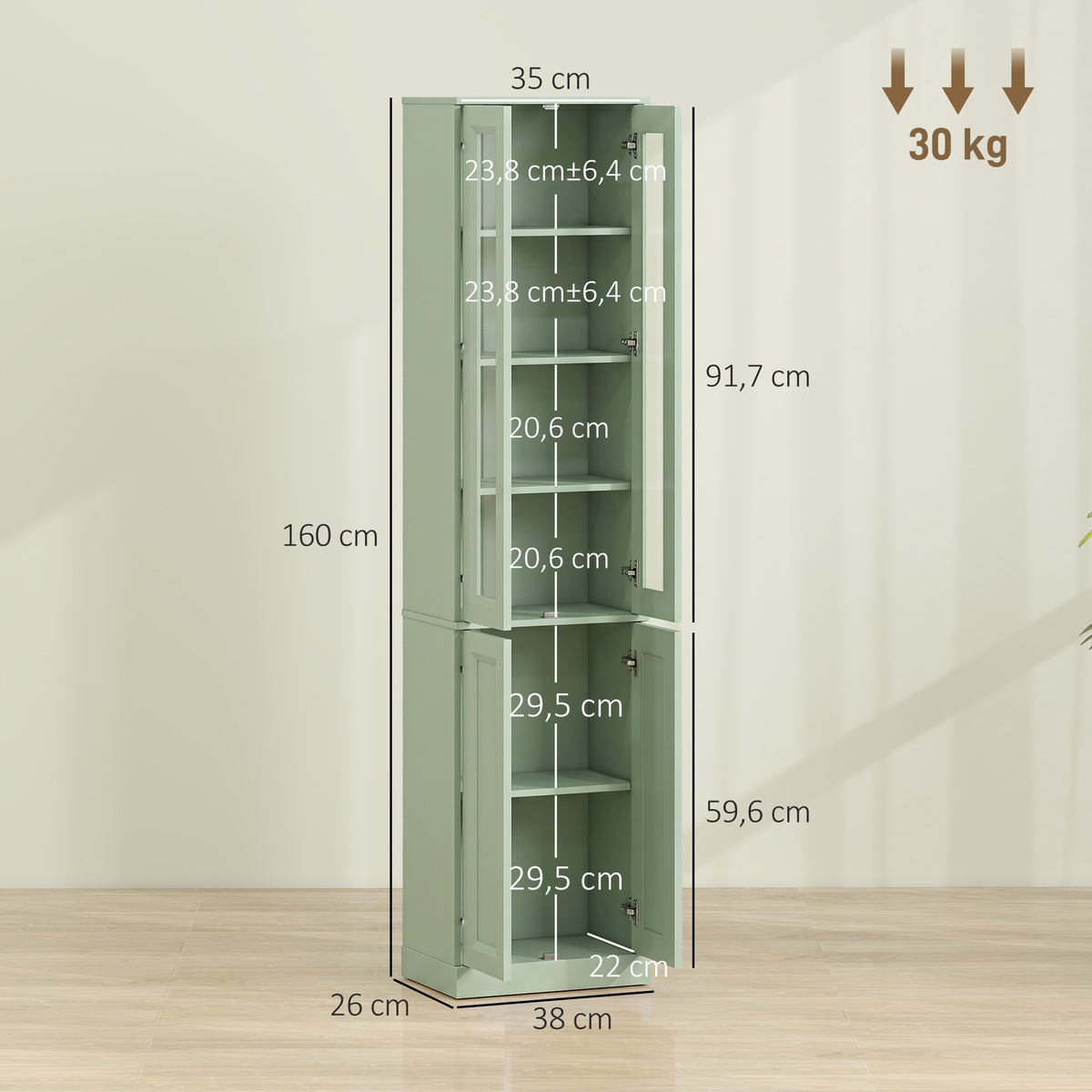 Meuble de Salle de Bain 6 niveaux, Meuble de Rangement avec 4 Portes à Fermeture Douce et Étagères Réglables, Vert-2