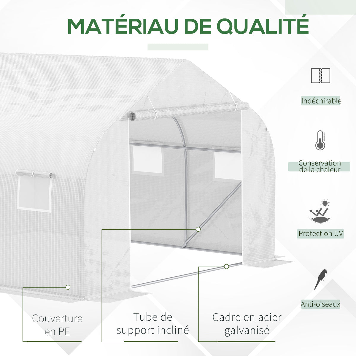 Serre Tunnel de Jardin 10,5 m² dim. 3,5L x 3l x 2H m Porte + 6 fenêtres enroulables Acier galvanisé bâche PE Haute densité Blanc-3