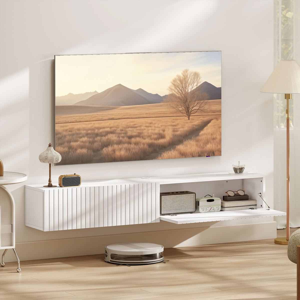 Meuble TV suspendu 140cm, meuble télé pour téléviseur 72 pouces, 2 portes rabattables, 140x25x22cm, blanc-1