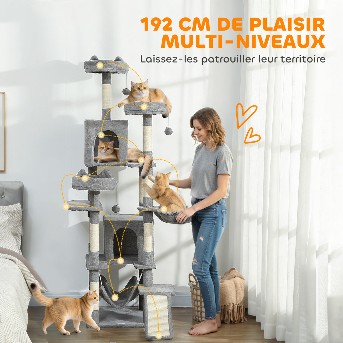Arbre à chat tour de jeux pour chat 8 poteaux à griffer 4 plateformes 2 niches  échelle et 3 boules hauteur 192 cm gris-3