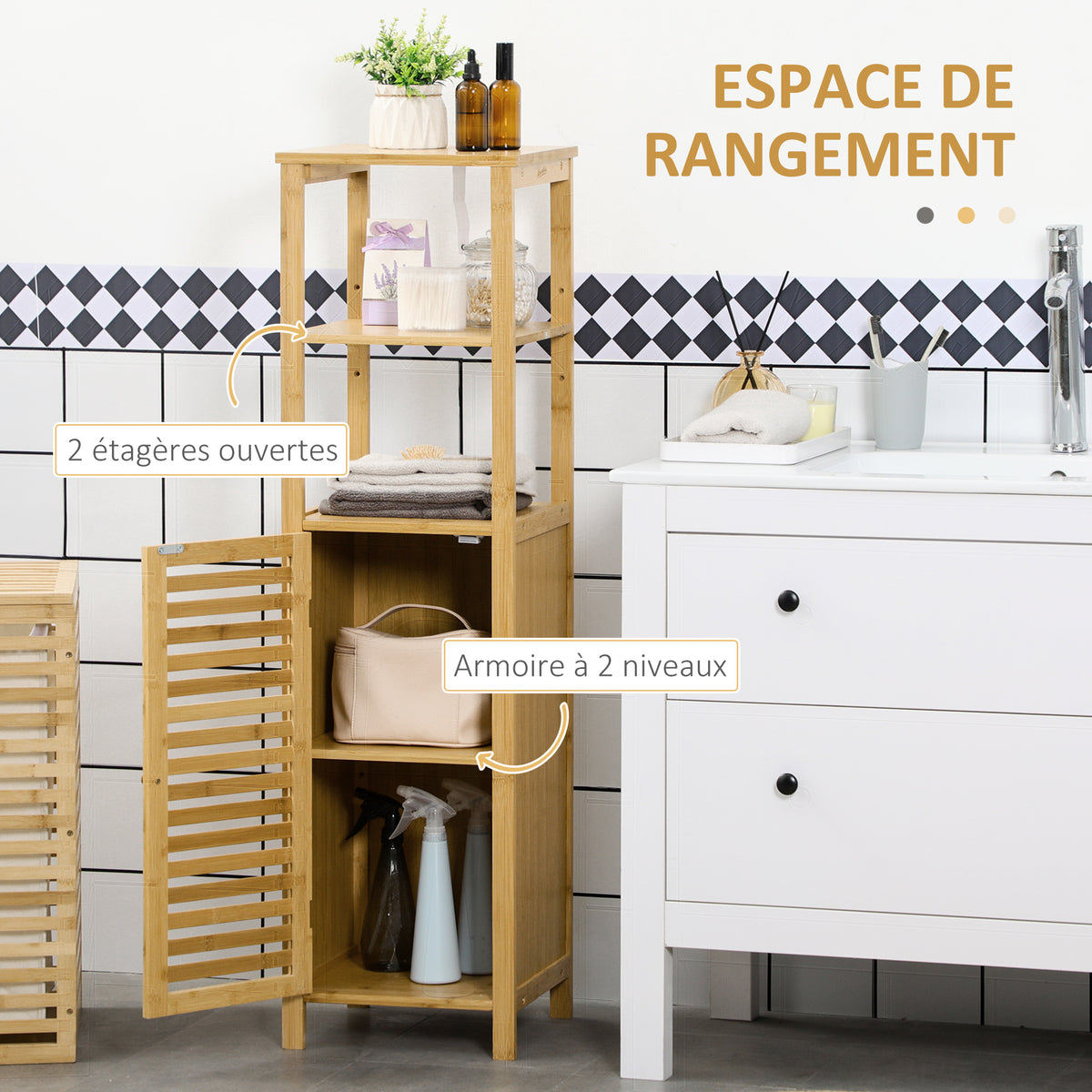 Meuble colonne salle de bain en bambou 2 étagères ouvertes et placard, 32,9 x 29,9 x 120 cm, bois naturel-3