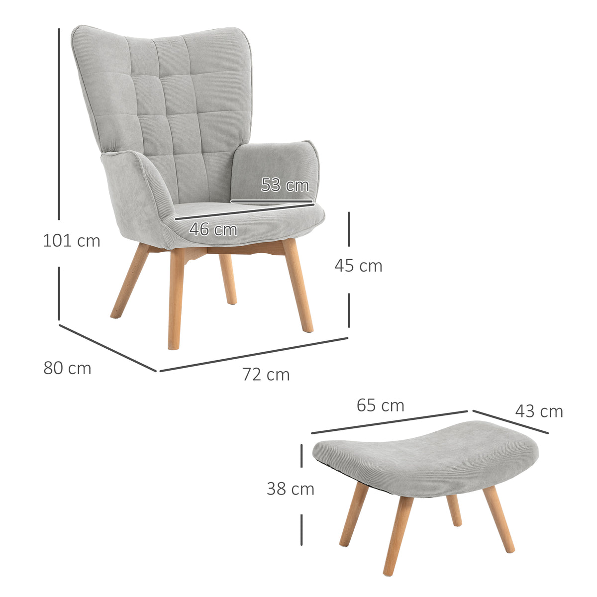 Fauteuil avec repose pied, dossier haut, pieds en bois et tissu aspect velours côtelé, pour salon chambre à coucher gris-2