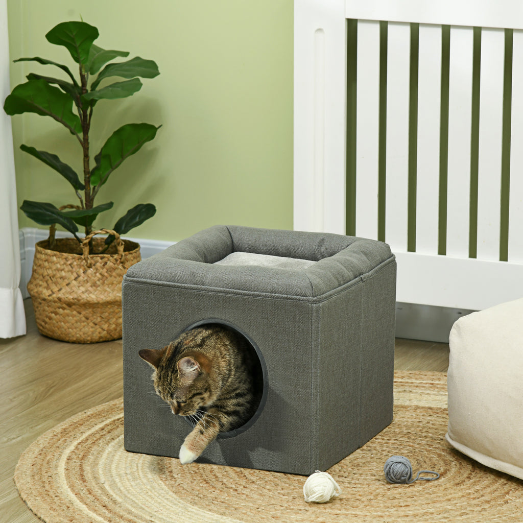 Maison niche pour chat 2 niveaux avec coussin moelleux en peluche - 36,5 x 36,5 x 33 cm gris-9