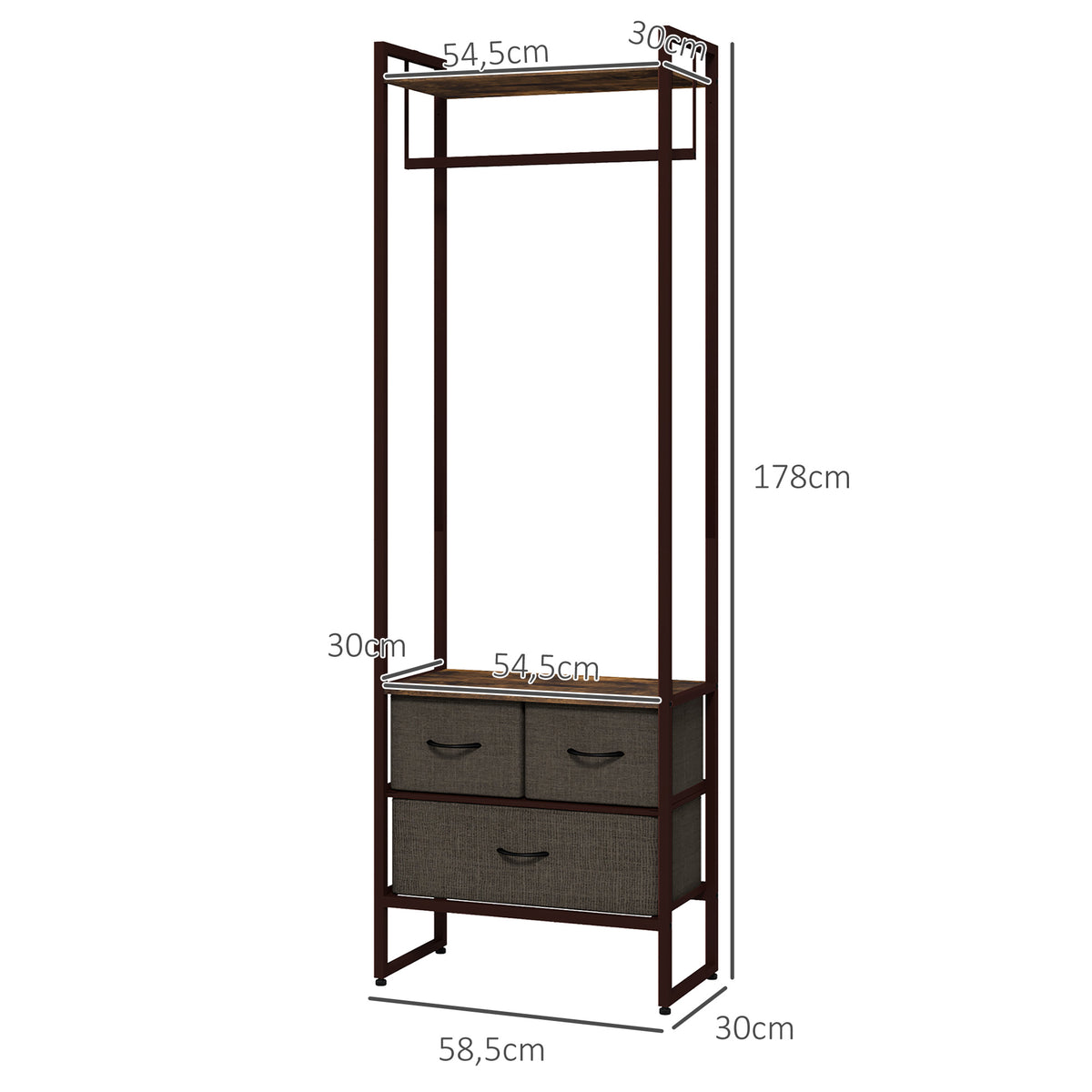 Portant à vêtements avec 3 tiroirs en tissu, étagères de rangement et tringle de suspension, 58,5 x 30 x 178 cm, marron-2