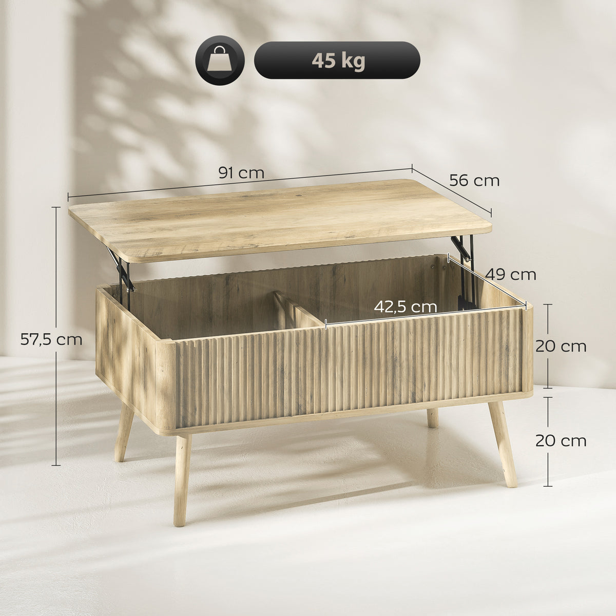 Table basse relevable, table de salon avec 2 compartiments cachés et pieds en pin, 91 x 56 x 43 cm, chêne-2