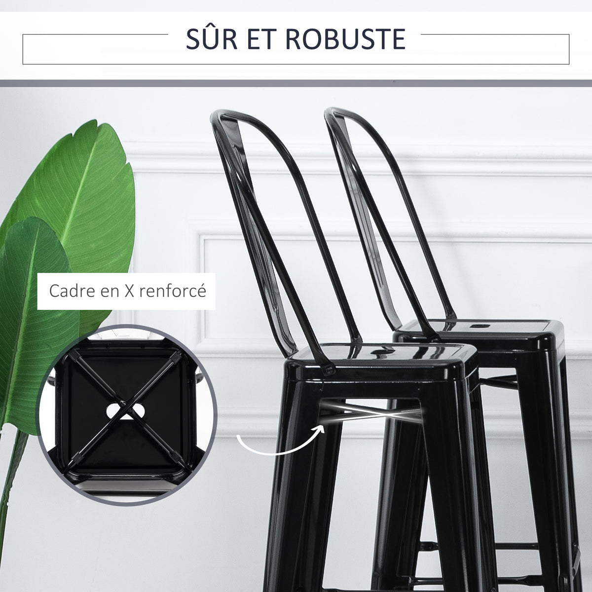 Lot de 4 tabourets de Bar Empilable Chaise de Bar Industriel avec Dossier Repose-Pied Hauteur d'Assise 76 cm métal Noir-4
