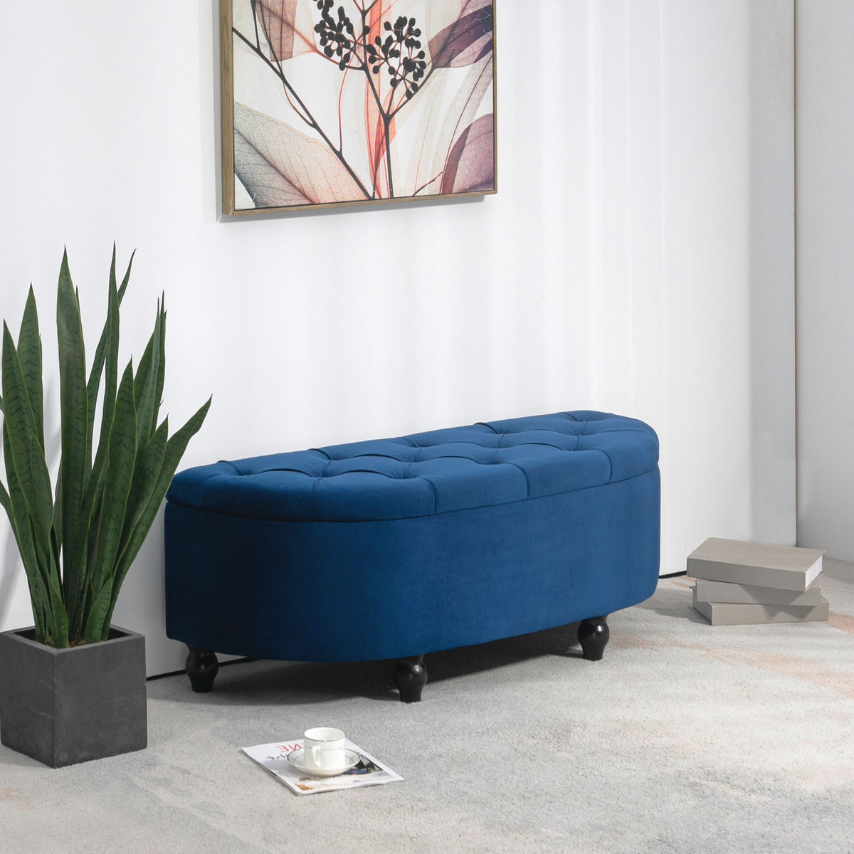 Pouf de Rangement Coffre 2 en 1 - Pouf capitonné Demi-Cercle - Pieds Bois hévéa Noir revêtement Velours Bleu-1