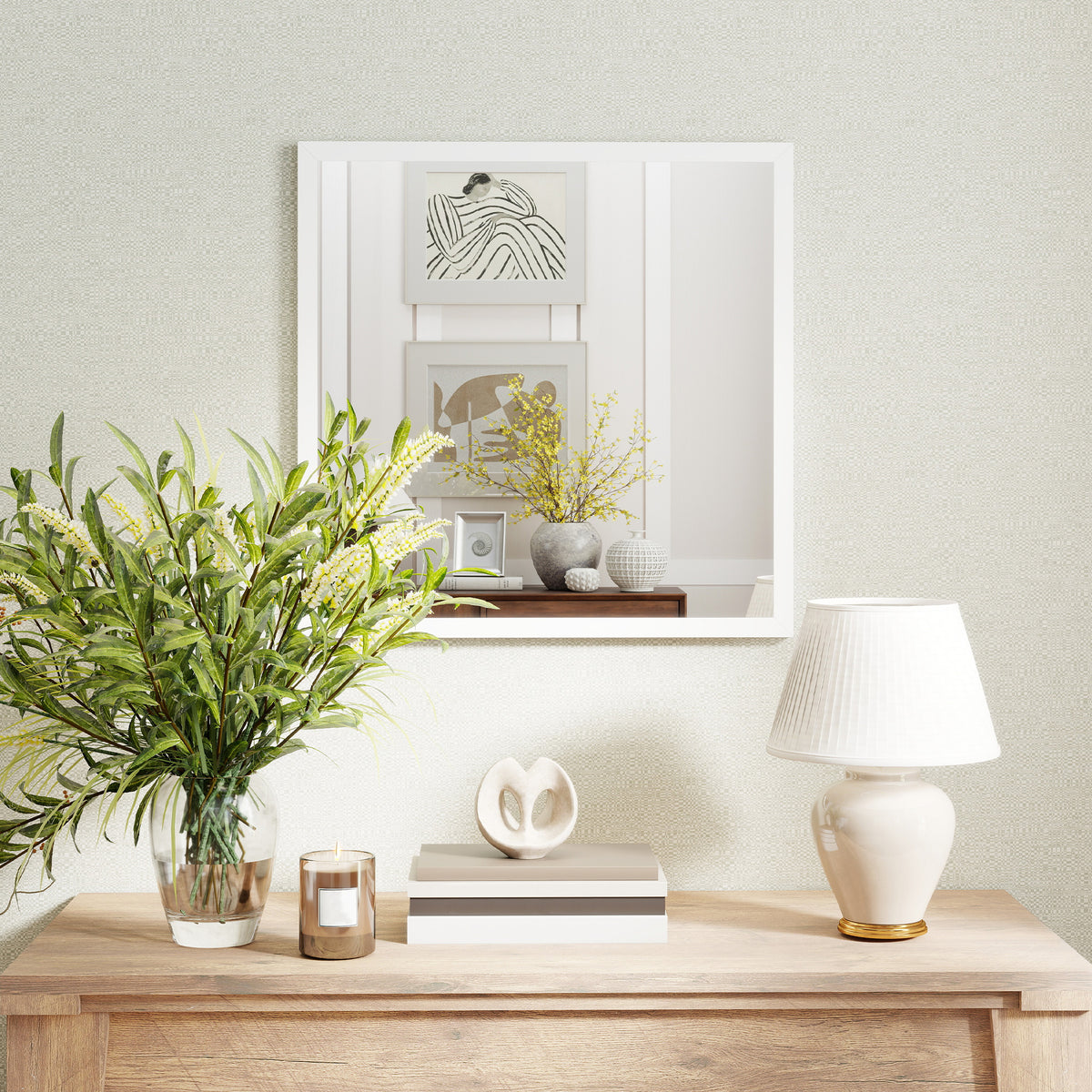 Miroir mural carré 50 x 50 cm, cadre en bois blanc, idéal pour la salle de bain, salon ou chambre-1