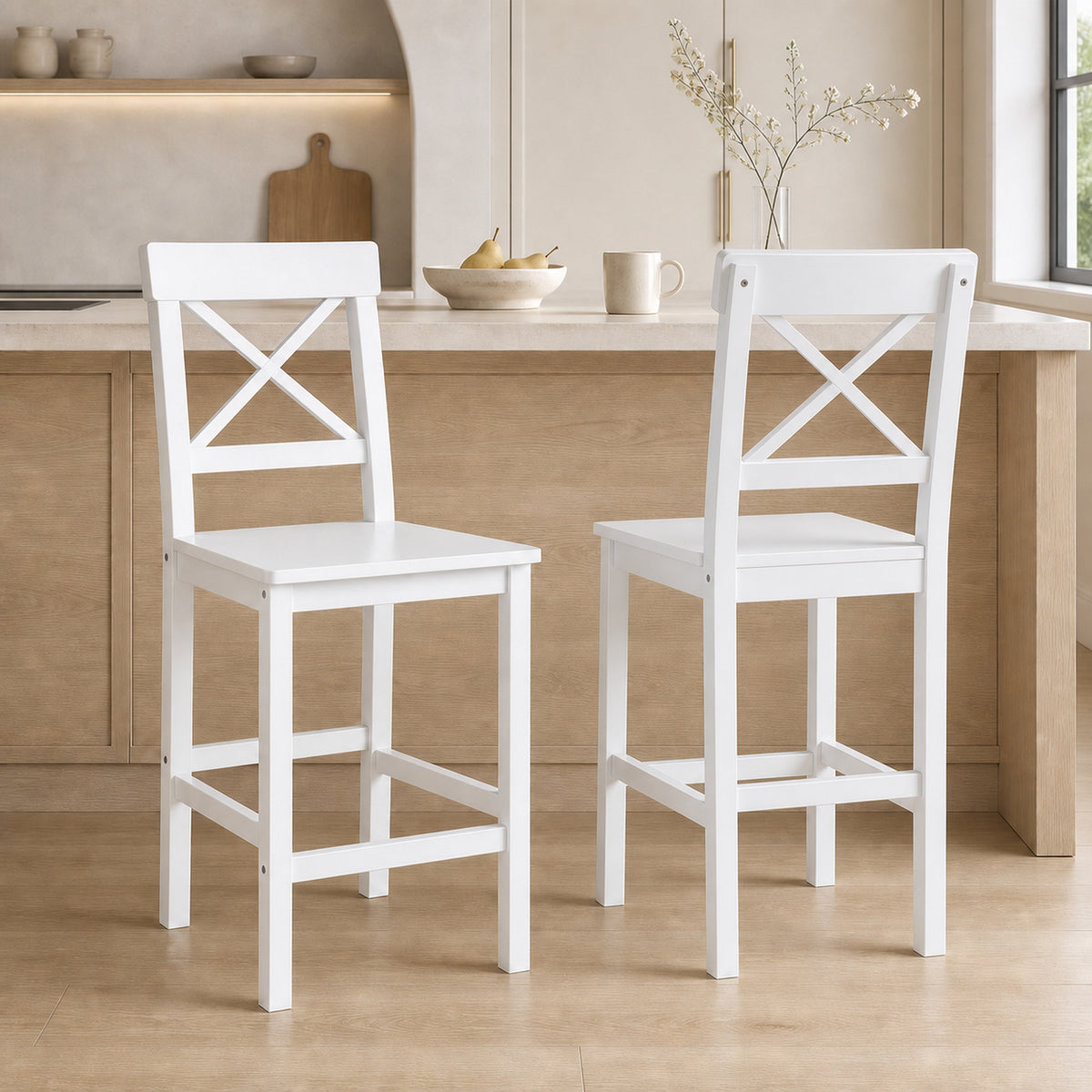 Lot de 2 chaises hautes, chaises de bar style campagne chic en bois hauteur 60 cm avec repose-pieds, blanc-1