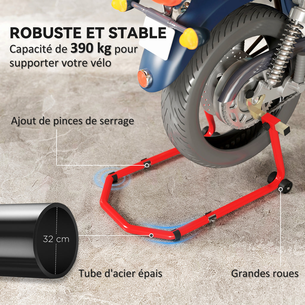 Béquille roue avant arrière charge 390kg béquille d'atelier moto bras réglable en acier, fourche en forme de U + L rouge-4