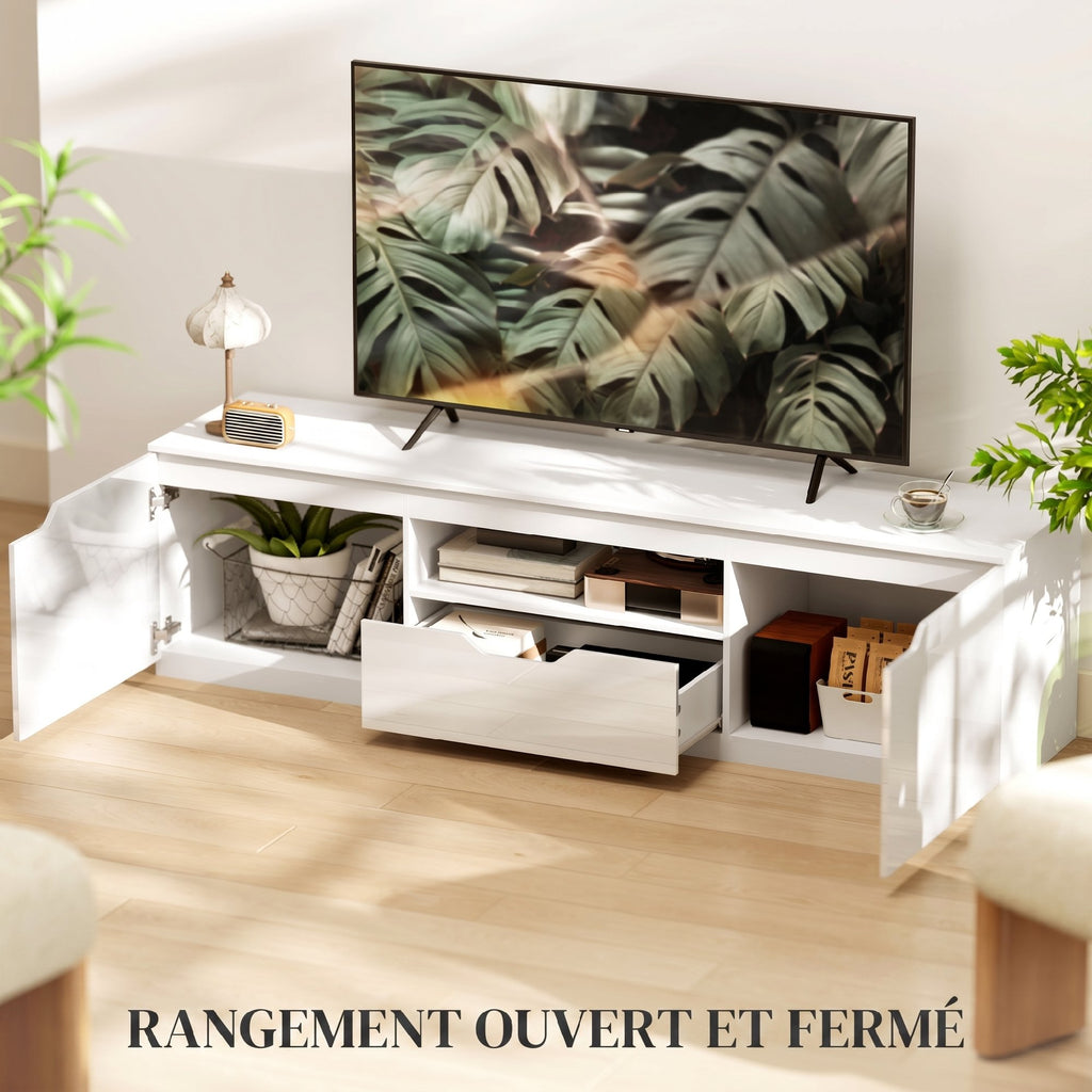 Meuble TV 160 cm, meuble télé pour téléviseur jusqu'à 65 pouces avec 2 portes et tiroir, blanc-3