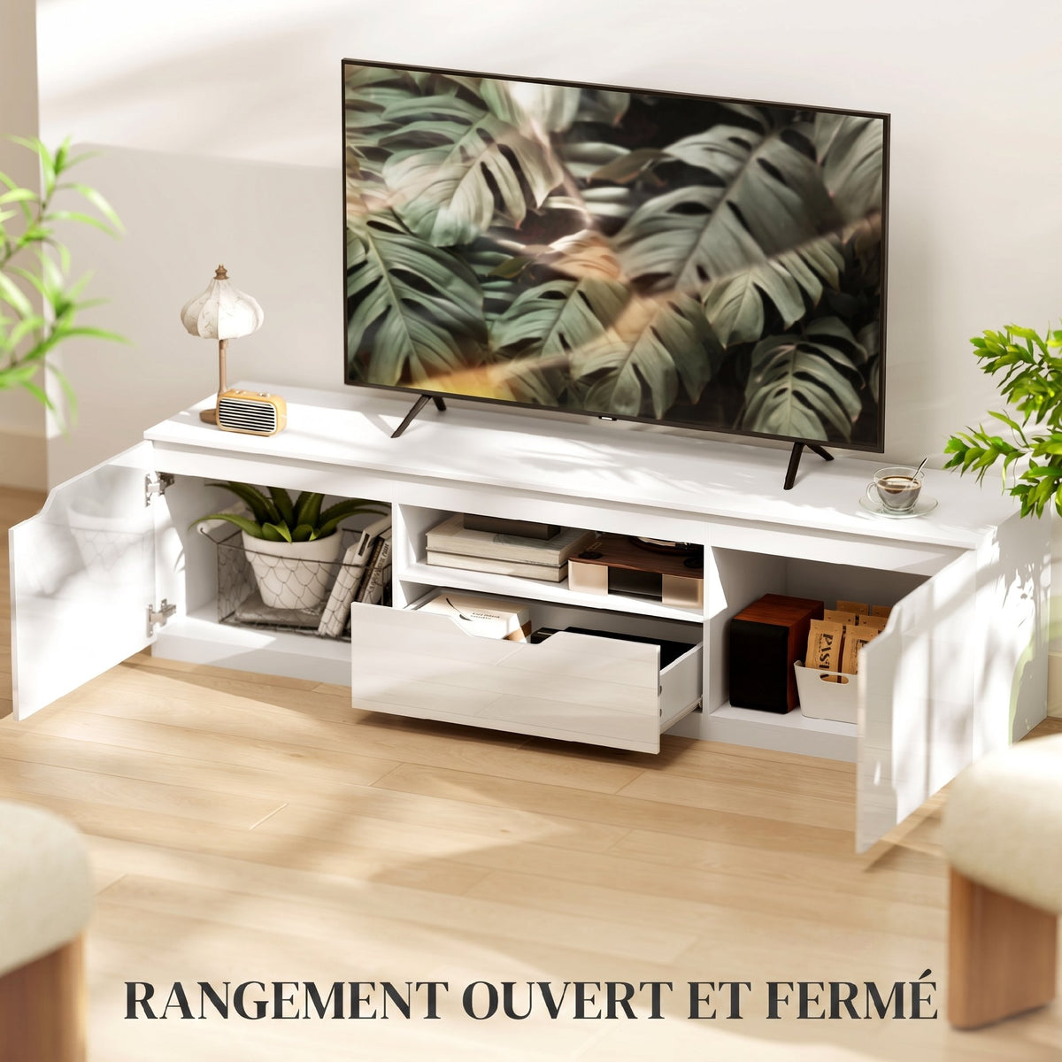 Meuble TV 160 cm, meuble télé pour téléviseur jusqu'à 65 pouces avec 2 portes et tiroir, blanc-3