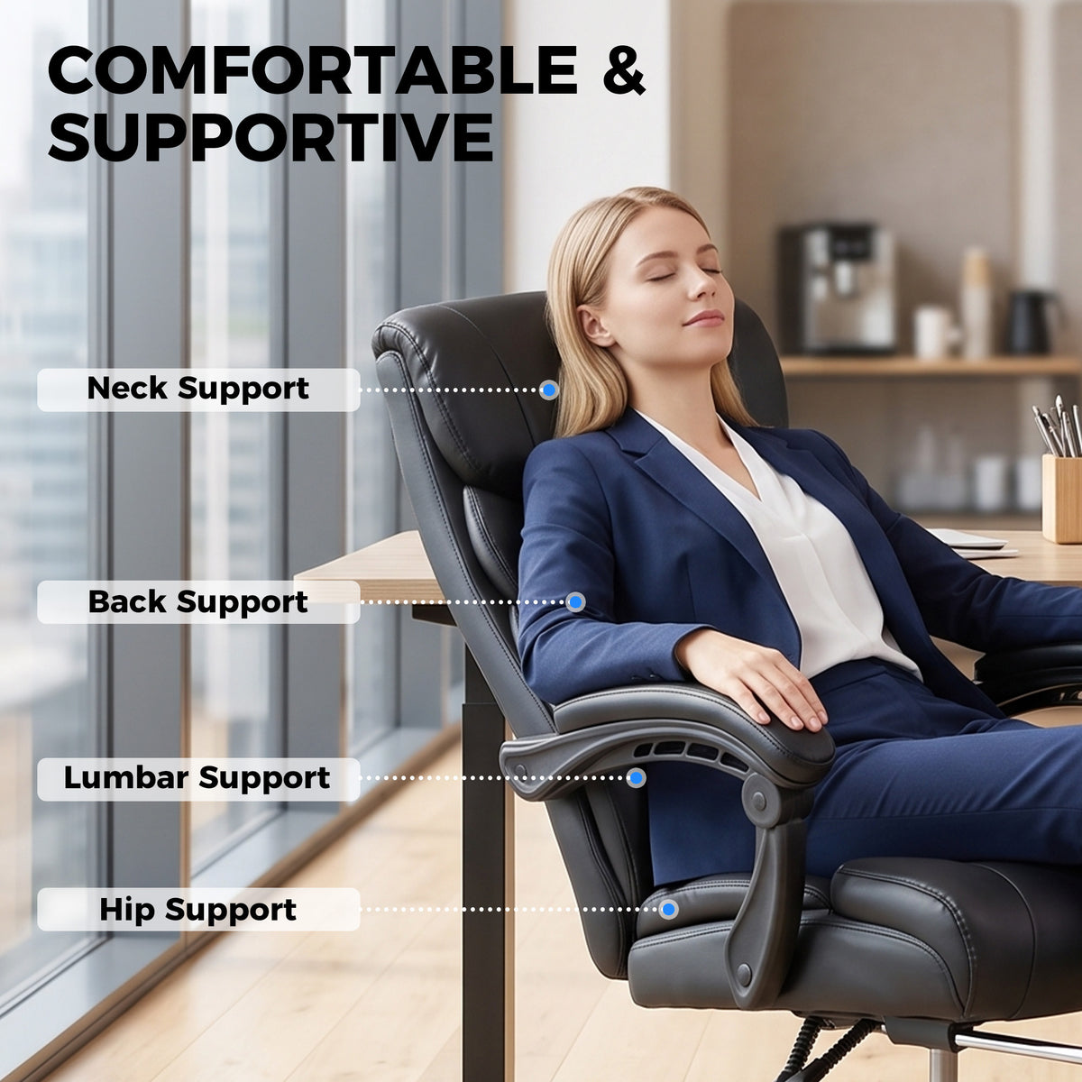 Chaise Bureau Ergonomique Inclinable, Fauteuil de Bureau en PU, Accoudoirs Synchronisés, Hauteur Réglable, Noir-8